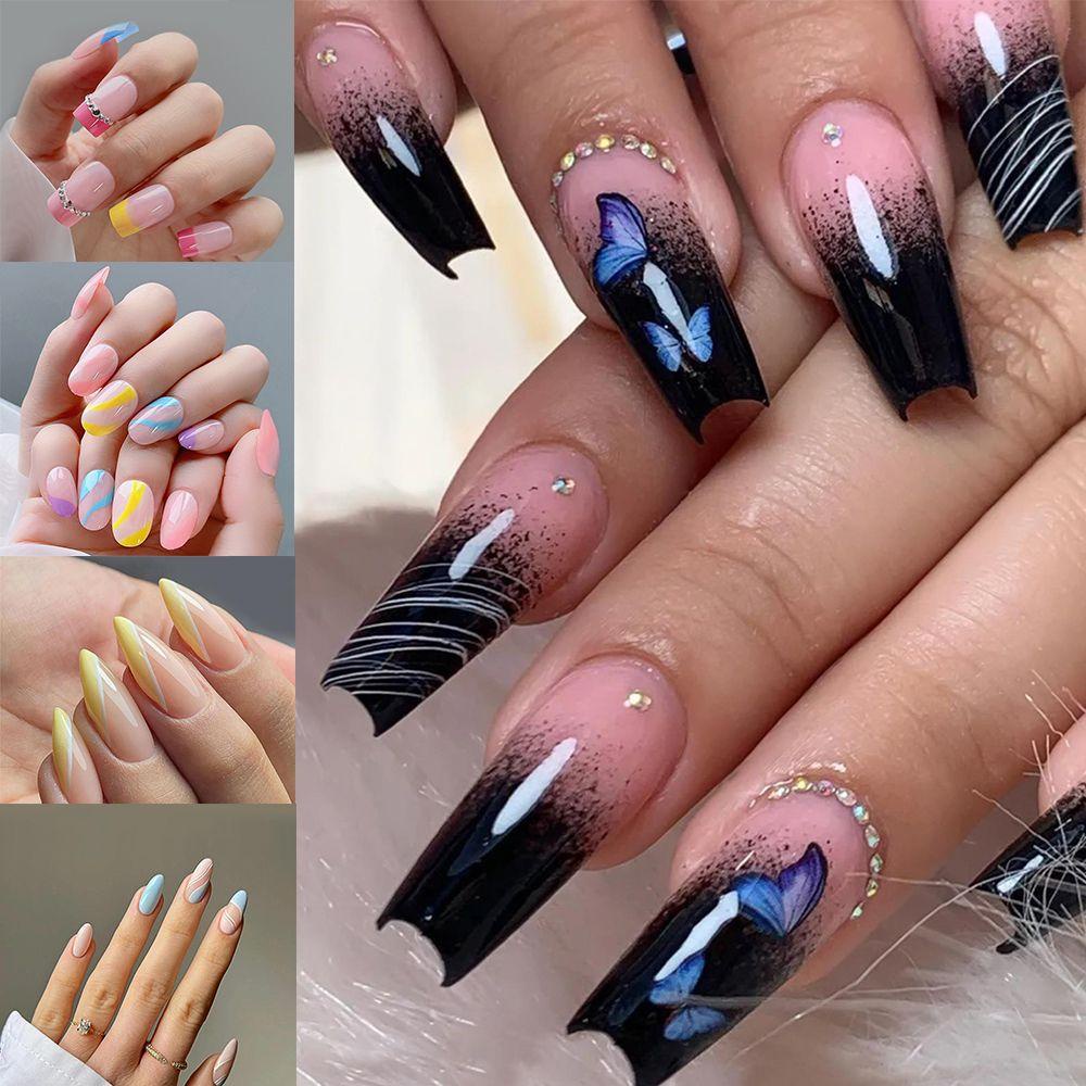 WATTLE Bộ Móng Tay Giả Che Phủ Toàn Diện Họa Tiết Ngọn Lửa Trái Tim Kiểu Pháp