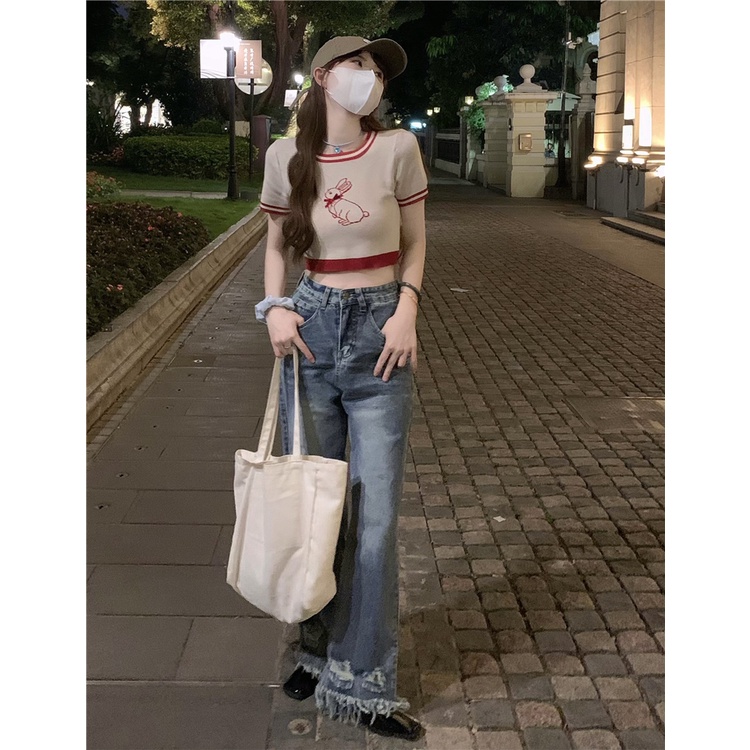 Cocory vn Áo Thun Dệt Kim Tay Ngắn Cổ Tròn Thêu Hình Thỏ Thời Trang Mùa Hè Quyến Rũ Cho Nữ