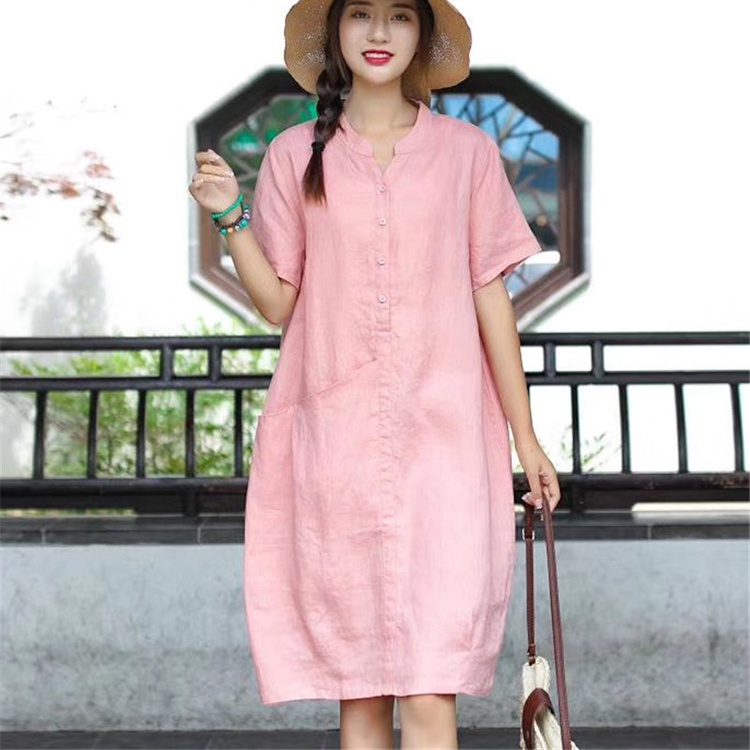 Đầm suông cổ trụ linen tay cộc túi bổ trước, chất vải linen mềm mát, thời trang xuân hè