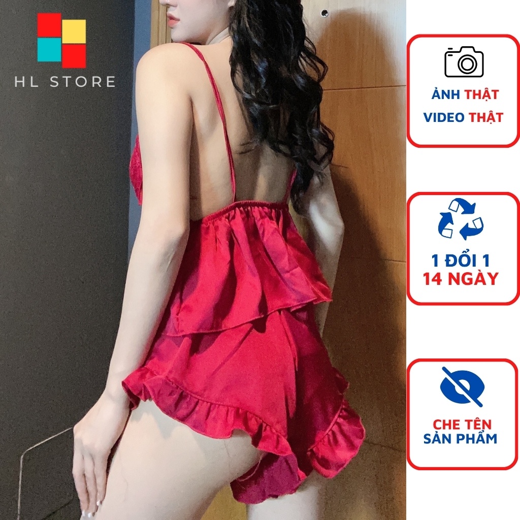 Đồ ngủ sexy đồ ngủ 2 dây cột vai phối ren Hải Lan Store, chất liệu lụa satin mềm mại, freesize 40-60kg tùy chiều cao