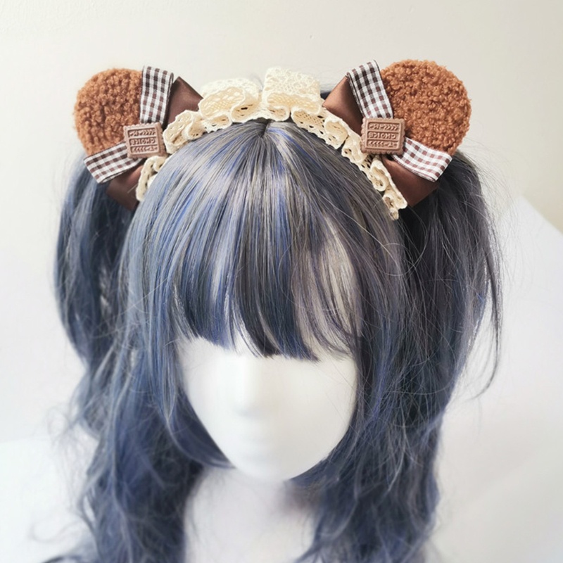 Cài tóc hình tai gấu phối ren đính nơ phong cách lolita cho nữ