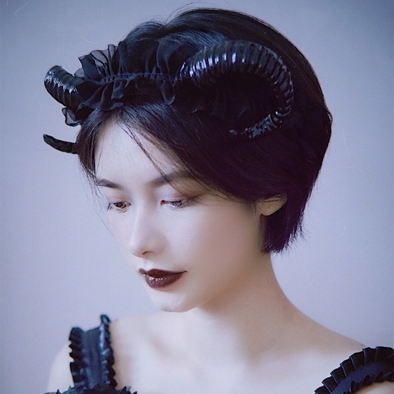 Cài Tóc Hình Sừng Cừu Phối Ren Phong Cách Halloween Cho Bé Gái