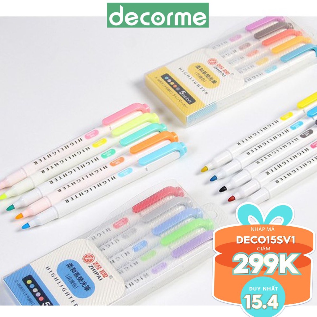 Set 5 bút đánh dấu 2 đầu ShiPai (dupe Midliner), DECORME