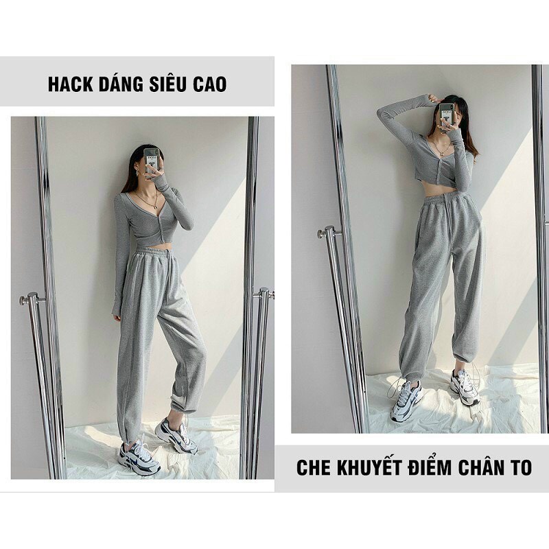 Quần Jogger bo gấu vải thun da cá, ống rộng 2 lớp nam nữ, mua 1 mặc được 2 dáng