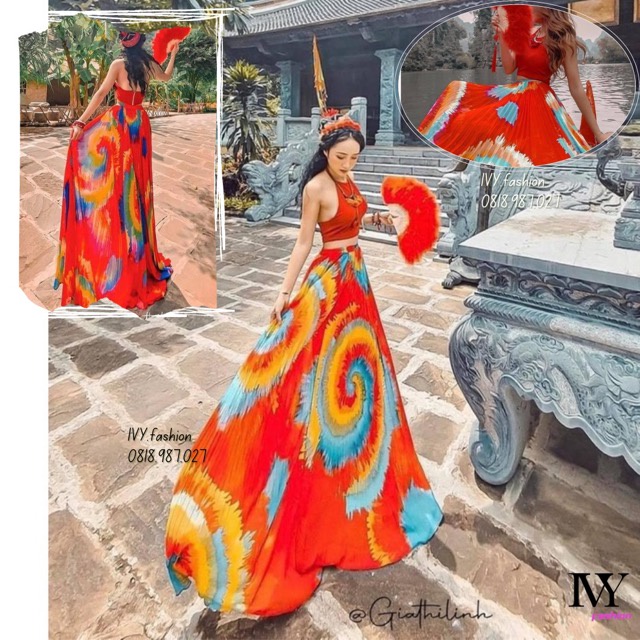 Sét đầm váy maxi họa tiết 🔥voan dập ly🔥 croptop cổ yếm thổ cẩm đỏ Ivy.fashion đi biển dự tiệc dạo phố bigsize gợi cảm