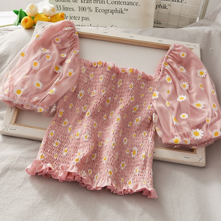 Áo Kiểu Trễ Vai Tay Phồng In Hoa Cúc Xinh Xắn Cho Nữ | BigBuy360 - bigbuy360.vn