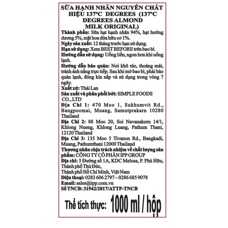 [HOT] Sữa hạt 137 DEGREES hạnh nhân nguyên chất hộp 1L