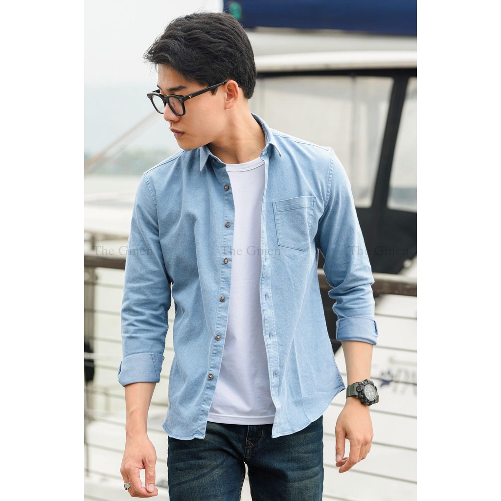 Ảnh Thật Sơ Mi Nam chất liệu Jean Denim, Túi Ngực, Tay dài, Dáng xuông, Hàng cao cấp,thích hợp mọi thời tiết.