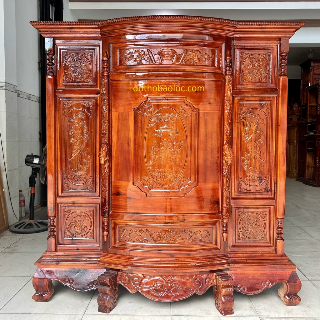Tủ thờ gia tiên gỗ tràm bông vàng ngang 1m45