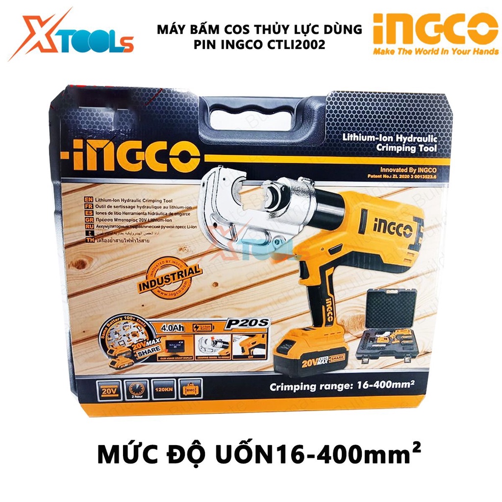 Máy ép cos thủy lực dùng pin INGCO CTLI2002 | Máy bấm cos thủy lực Điện áp 20V Phạm vi uốn 16-400mm² Lực uốn 120KN Chu k