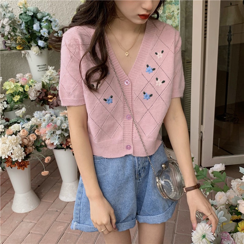 Áo Dệt Kim Tay Ngắn Thêu Họa Tiết Xinh Xắn 175286 Áo Len Mỏng Khoét Lỗ Thời Trang Dành Cho Nữ