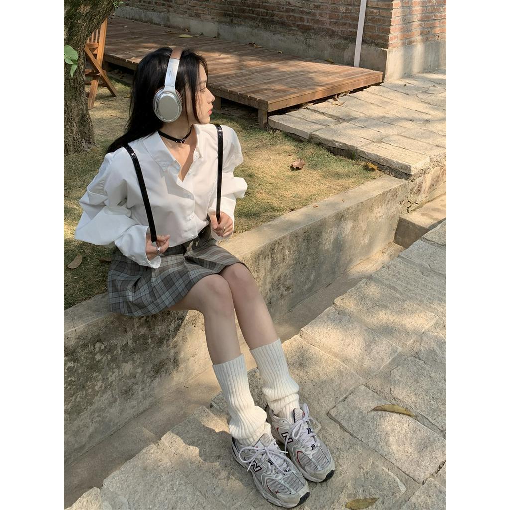 Bộ Áo Sơ Mi Trắng Tay Loe Kèm Chân Váy Phong Cách Preppy Ngọt Ngào Dễ Phối Đồ 63503