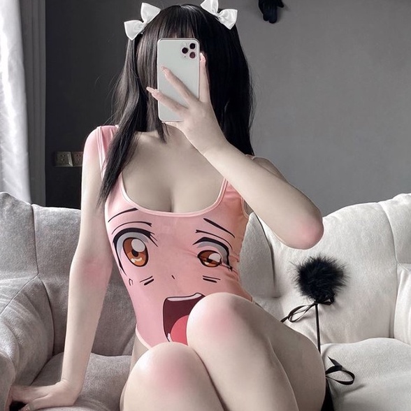 Váy ngủ 2 dây liền mảnh anime Nhật Bản - bodysuit hở đáy in họa tiết sexy
