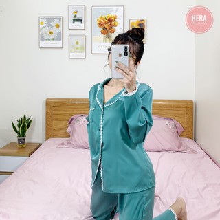 Đồ Bộ Mặc Nhà, Áo Ngủ Dài Tay Lụa Ngọc Trai Cao Cấp Trơn Phối Ren Đường Viền - Hera Pijama