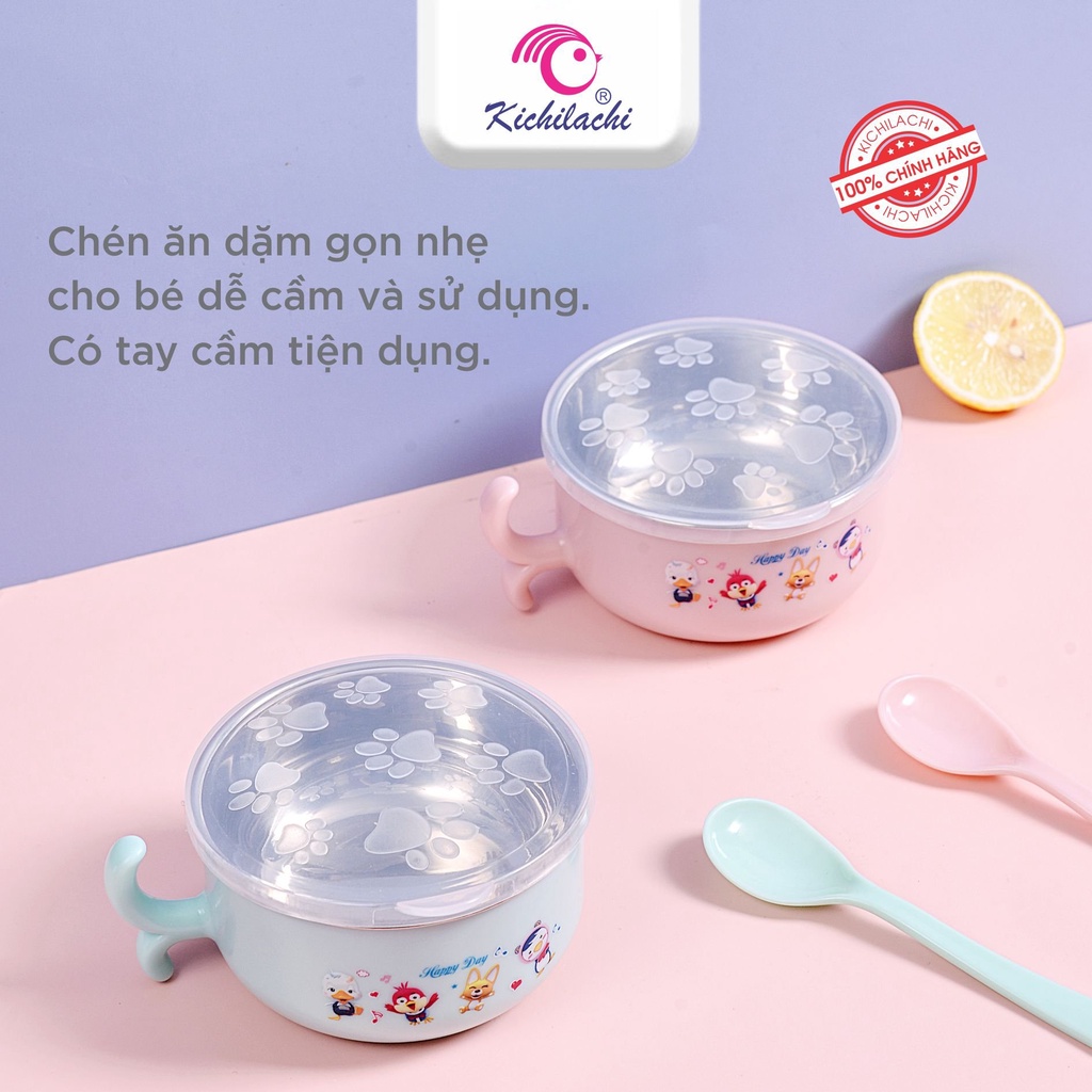 Bát Ăn Dặm M9015 Giữ Nhiệt Kichilachi , Bát Inox 2 Lớp Chống Nóng Cho Bé