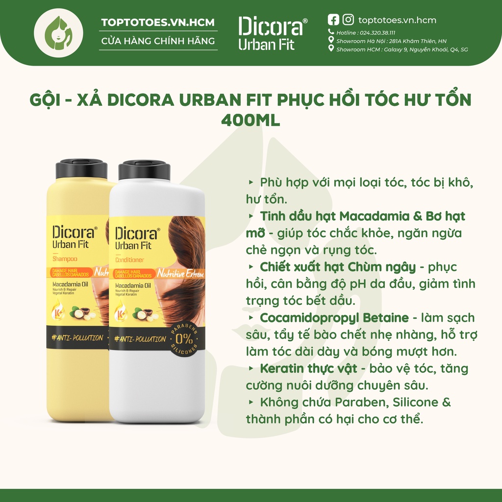 Dầu Gội - Xả Dicora Urban Fit chiết xuất tinh dầu Macadamia phục hồi tóc hư tổn - 400ml [NHẬP KHẨU CHÍNH HÃNG 100%]