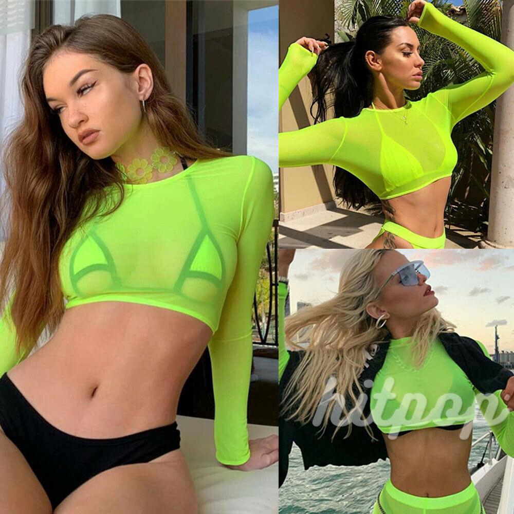 ☛✈ღWomen Long Sleeve T-Shirt Sexy Tops Transparent Bodycon Top