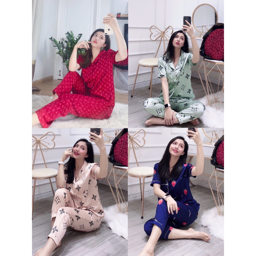 Bộ ngủ lụa satin tay cộc quần dài cao cấp