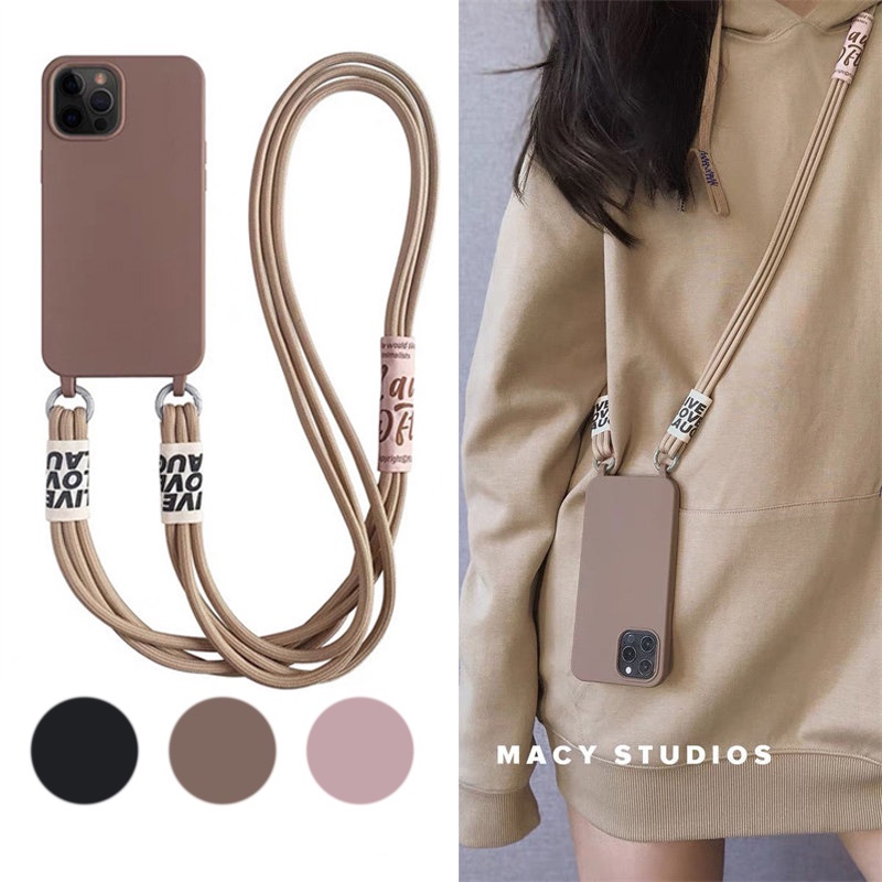 Ốp Điện Thoại Silicone Mềm Màu Trơn Có Dây Đeo Chéo Cho iPhone 13 12 11 Pro Max XS Max XR X 8 7 Plus SE 2022 13