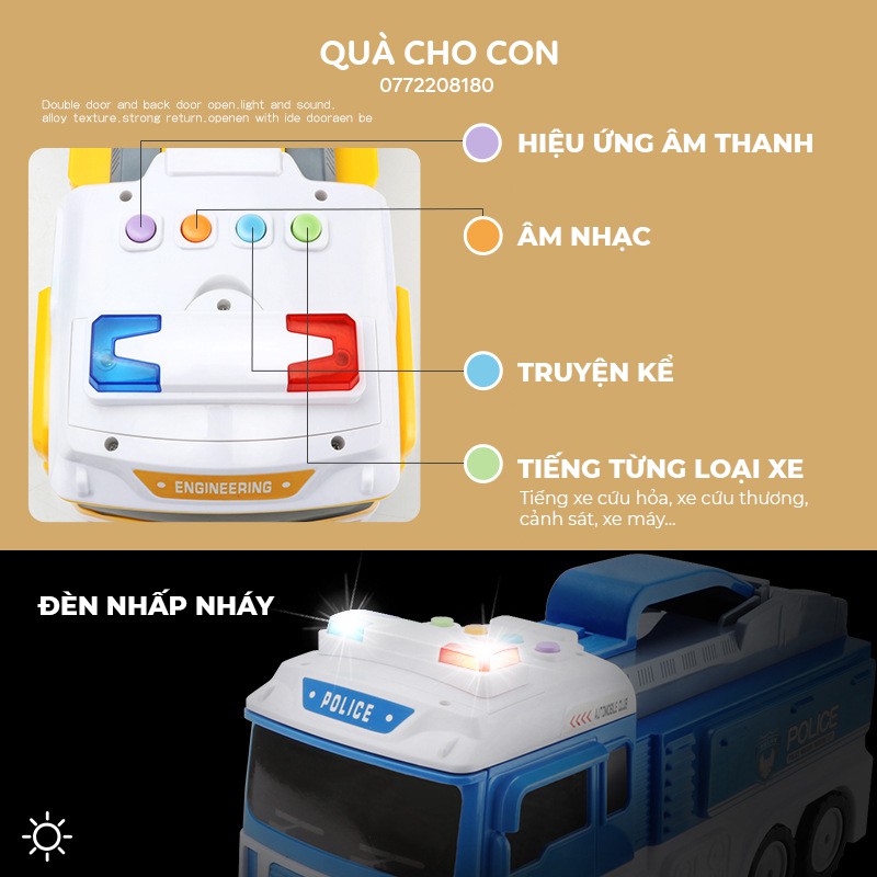 XE CONTAINER CHỞ 6 XE HỢP KIM KÈM BÃI ĐẬU XE, THANG TRƯỢT VÀ BIỂN BÁO GIAO THÔNG, CÓ ÂM THANH CHẠY PIN