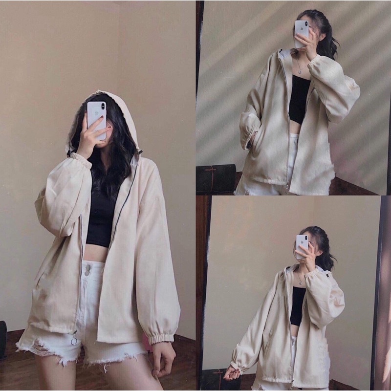 Áo Khoác Form Rộng Tay Bồng Nữ [FREESHIP] 🌸 Jacket thể thao nỉ bông màu BE Ulzzang 🌸