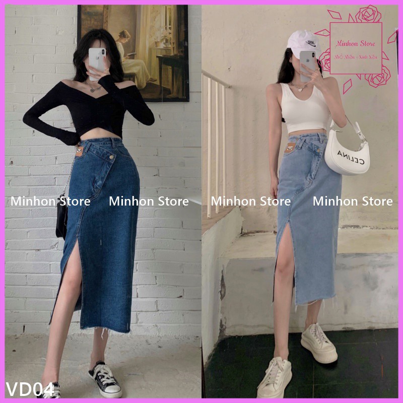 Đầm Bò, Chân Váy Jean Nữ Dài Xẻ Tà Cạp Cúc Lệch Phá Cách, Cá Tính (Minhon Store VD04)