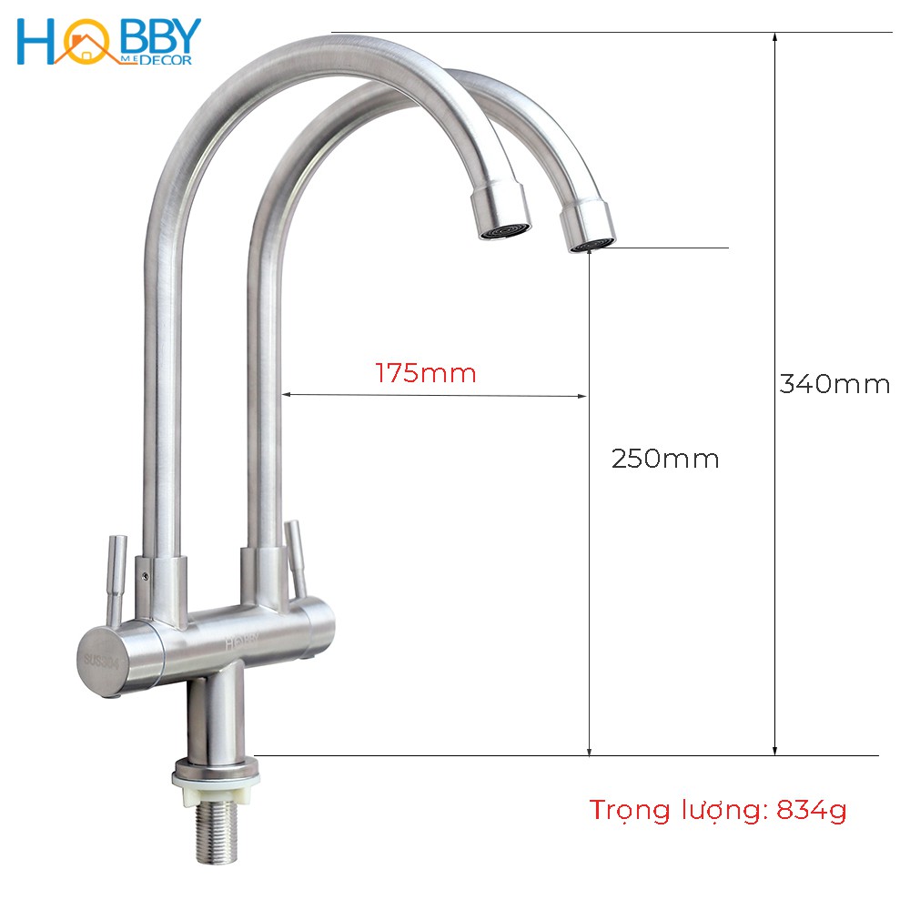 Vòi rửa chén lạnh 2 đầu Inox 304 HOBBY RC2D cao cấp không rỉ sét