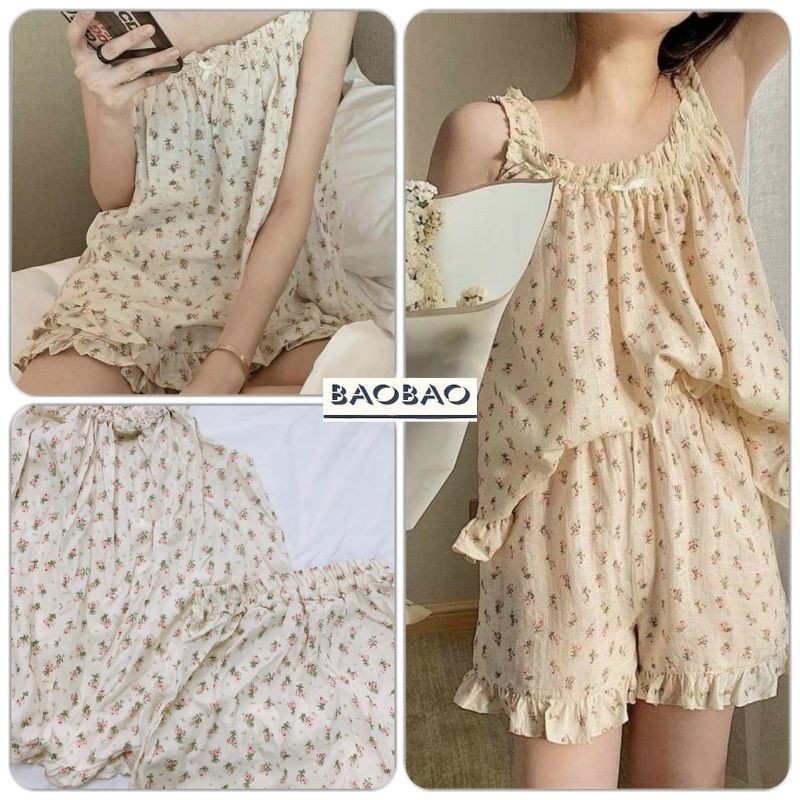 Set Nơ Hoa Nhí Ba Lỗ Nữ - BaoBao.Clothing [FREESHIP] - Bộ quần áo hai dây mặc nhà form rộng, dễ mặc