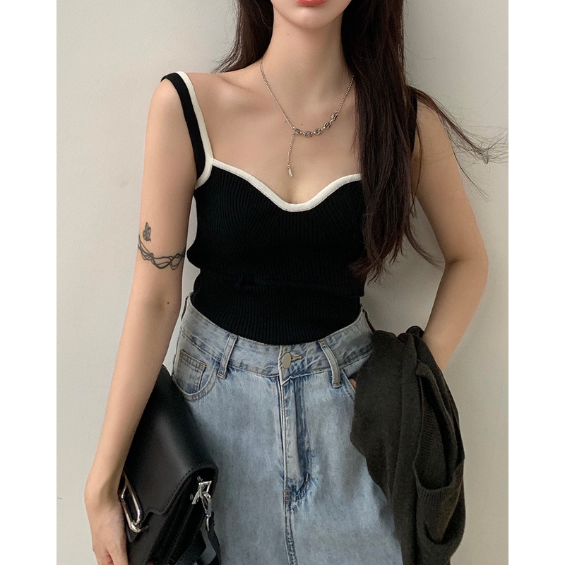 Set áo khoác cardigan ngắn dài tay + áo hai dây dệt kim màu tương phản thời trang cho nữ