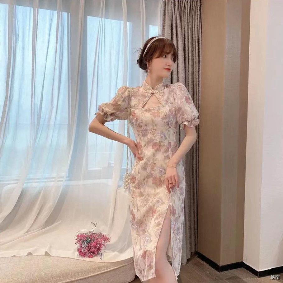 Sườn xám tay phồng phong cách Trung Quốc ăn mặc khí chất mùa hè 2021 phiên bản mới cải tiến cô gái trình diễn h