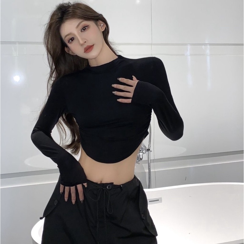 ÁO CROPTOP CỔ LỌ TÀ V TAY DÀI THU ĐÔNG