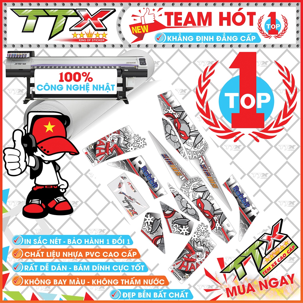 Tem rời sirius thỏ rabbits , Team chế sirius dán xe màu trắng chữ đỏ siêu ngầu , Shop TTX Tem xe sirius mã