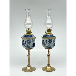 Đèn dầu dáng bát nắp chân đồng/cái gốm sứ Bát Tràng