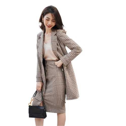 Áo Khoác Cổ 2 Ve Nâu Be Họa Tiết Kẻ Houndstooth SYO A6820028