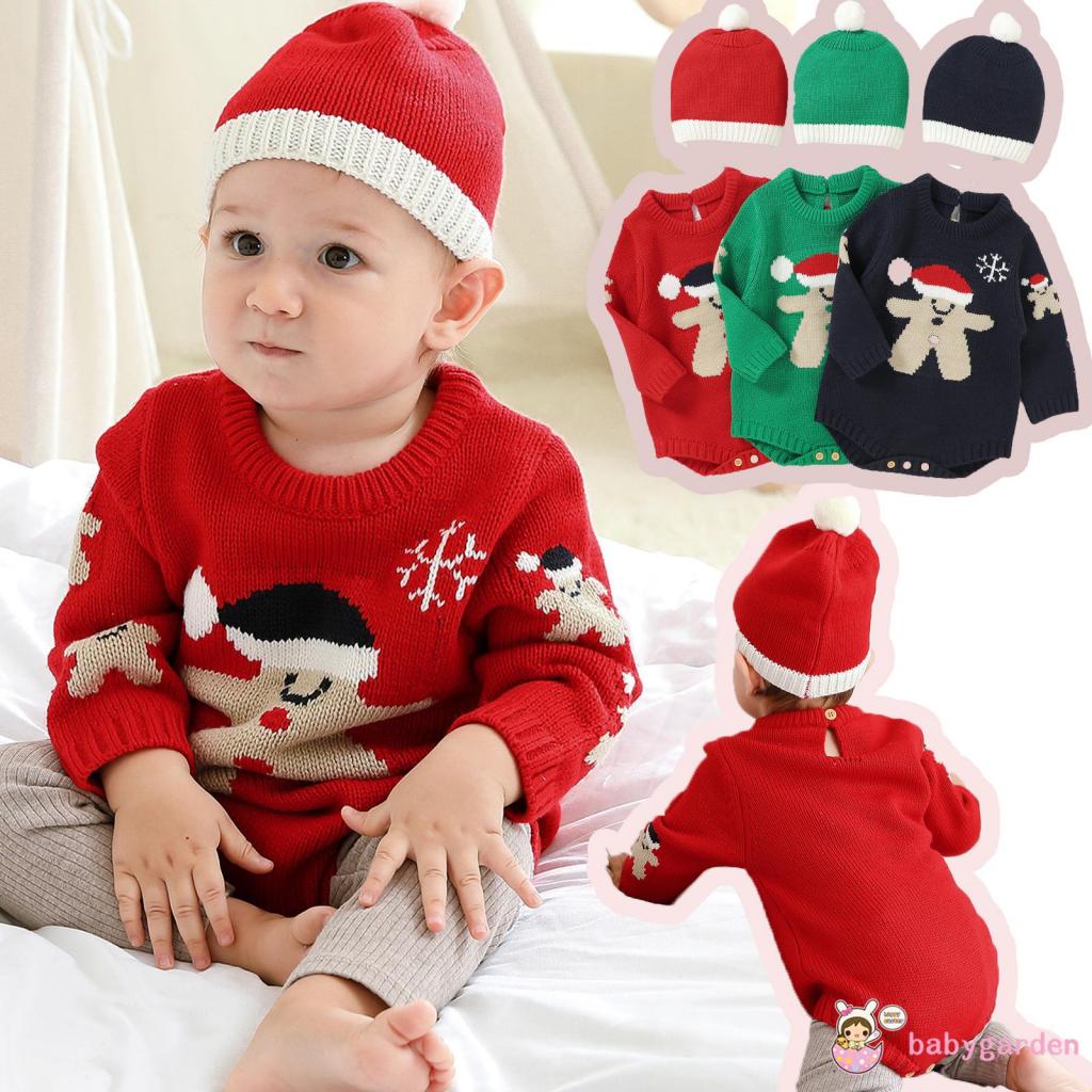 Set Đồ Giáng Sinh 2 Món Gồm Áo Liền Quần + Mũ beanie Dài Tay Cổ Tròn Cho Bé 0-18 Tháng Tuổi