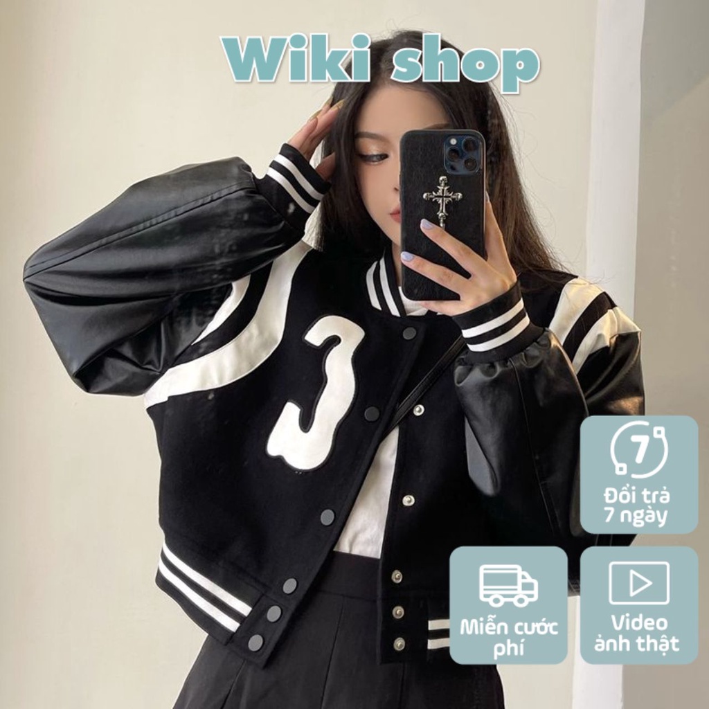 Áo khoác nỉ, áo bomber jacket croptop nữ phối tay da thêu chữ C trắng đen form rộng mùa đông hàn quốc Wikishop C1002
