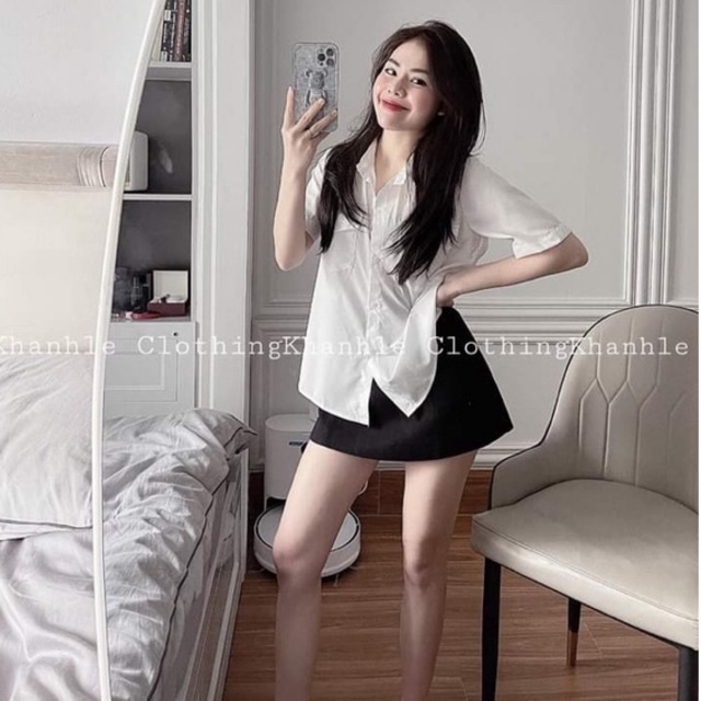 Áo sơ mi cộc tay nữ trắng có cổ form rộng HẠNH 96 HN10