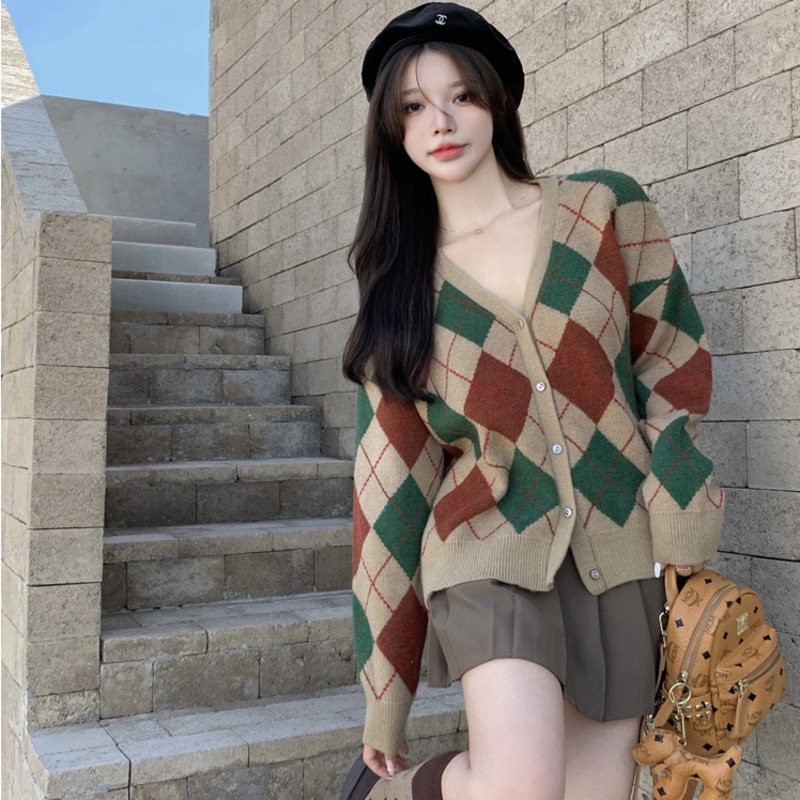 Áo khoác cardigan Pure Cube dệt kim tay dài họa tiết hình thoi ngọt ngào thời trang mùa thu cho nữ