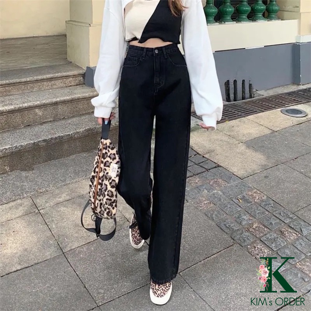 Quần jean nữ màu đen trơn ống suông basic Ulzzang cạp lưng cao đi học đi làm đi chơi chất co dãn nhẹ loại 1