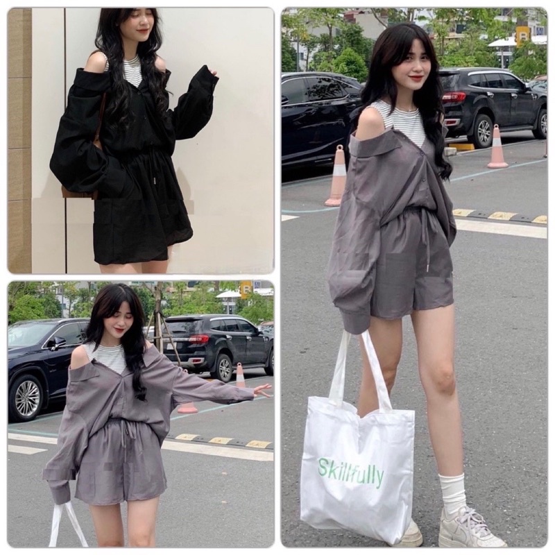 🌸 Bộ đồ quần sooc ống rộng kèm áo sơ mi dài tay bồng bánh bèo đẹp 🌸