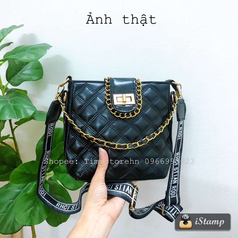 Túi đeo chéo nữ khoá xoay trần trám phối xích da mềm dây bản to rẻ đẹp thời trang TIMISTOREHN TN061
