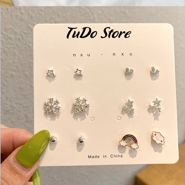 Bộ 6 cặp khuyên tai mạ bạc phong cách Hàn Quốc cho nữ B6