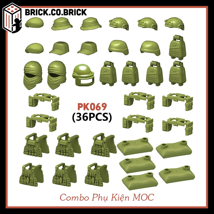 Combo Phụ Kiện MOC Nón Giáp Bao Cát Balo Giá Siêu Rẻ Phụ Kiện Army Quân Đội 3 màu PK067 PK069