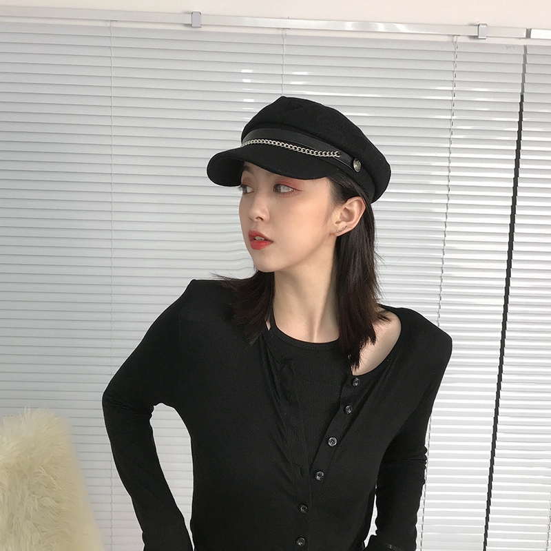 Mũ Beret Vải Len Phối Dây Xích Phong Cách Hàn Quốc Thời Trang Thu Đông Cho Nữ