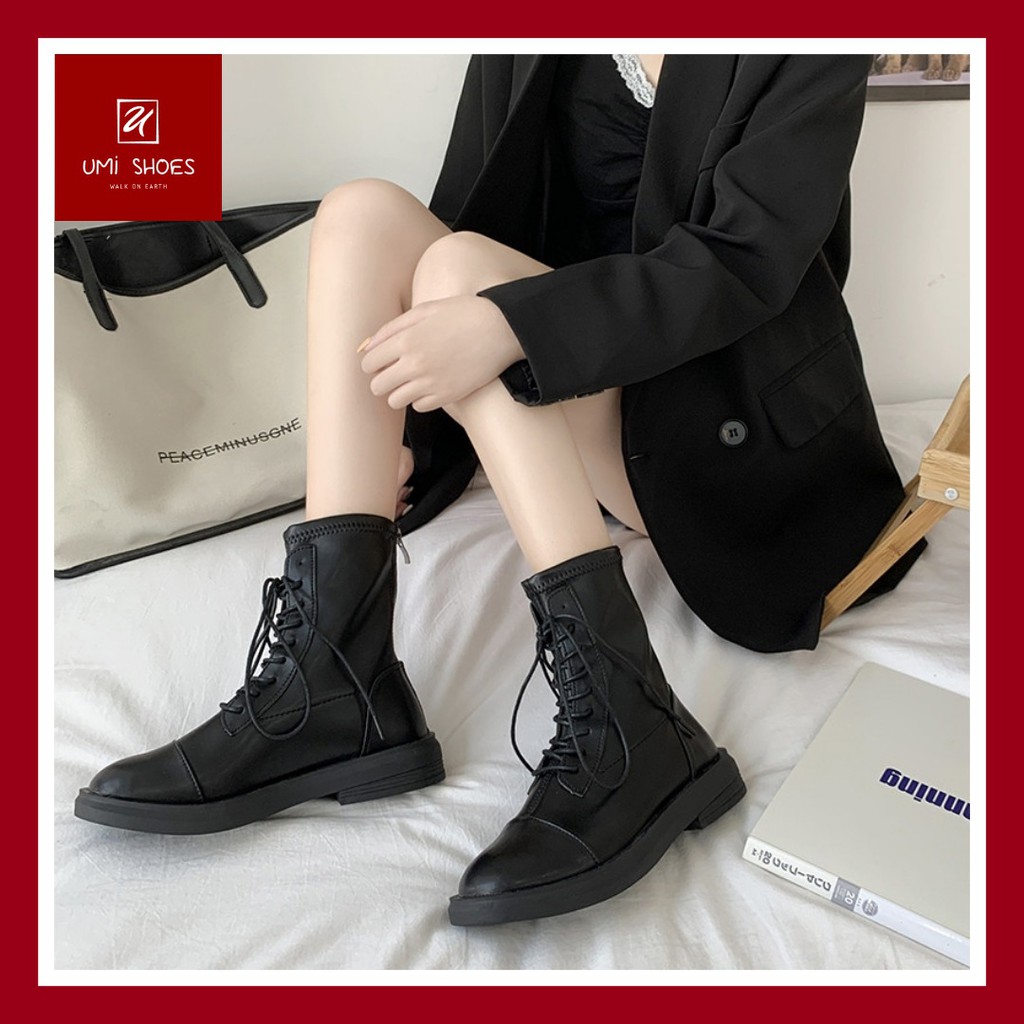 [NOWSHIP HN] Bốt nữ cao cổ ulzzang da mềm buộc dây quấn cổ xinh đẹp bền cá tính trẻ trung màu đen/kem đơn giản hot trend