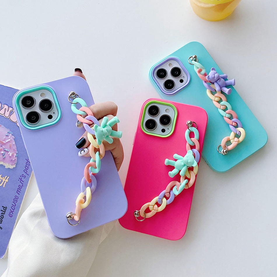 Ốp Điện Thoại Màu Kẹo Có Dây Đeo Tay Sang Trọng 2 Trong 1 Cho iPhone 13 12 11 pro max SE2020 7 8 Plus XR X XS max 12 Giá Đỡ