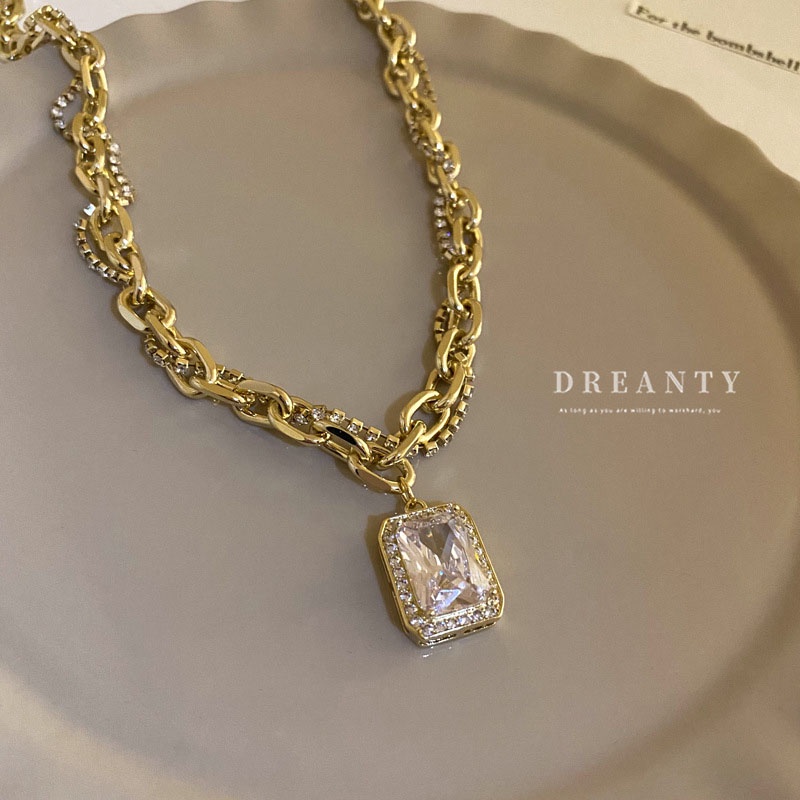 Dây Chuyền Hai Lớp Mặt Vuông Đính Đá Zircon Phong Cách Âu Mỹ Cá Tính Thời Trang