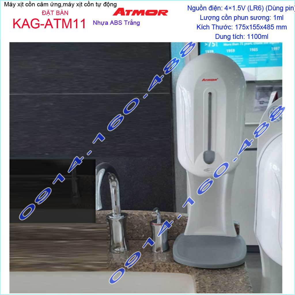 Máy xịt cồn cảm ứng Atmor KAG-ATM11 đặt bàn, Máy phun cồn tự động 1.1 lít dùng pin cho trường học