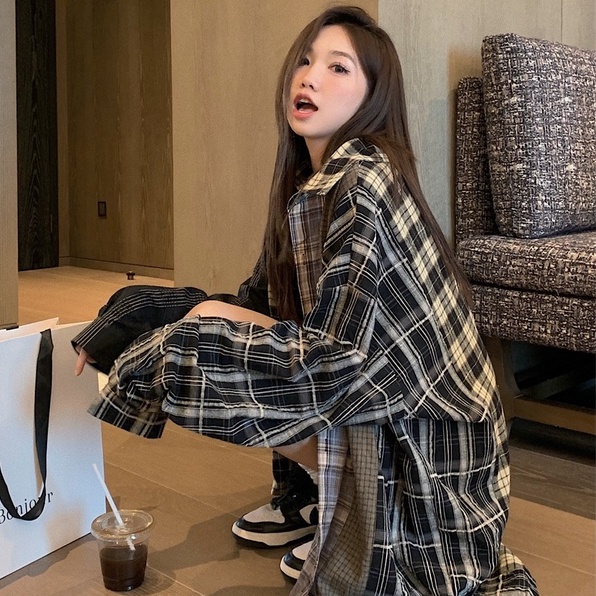 Áo Sơ Mi Nữ Tay Dài Dáng Rộng Họa Tiết Caro Phong Cách retro