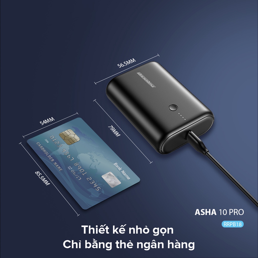 Sạc Dự Phòng Mini Siêu Nhỏ 10000mAh ROCKROSE Asha 10 Neo QC 3.0 - Cổng USB A/ Type C Sạc Cho Iphone/ Android